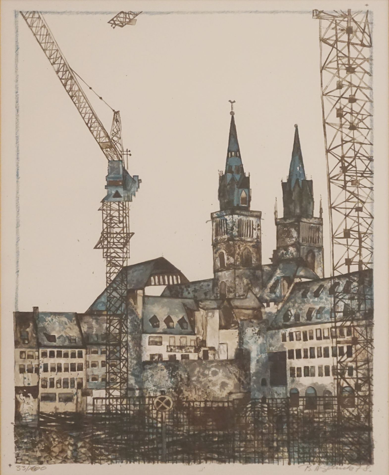 1 Farblithographie "Nürnberger Sebalduskirche unter Baukränen" R.u. bleistiftsign. B. HEYDUCK