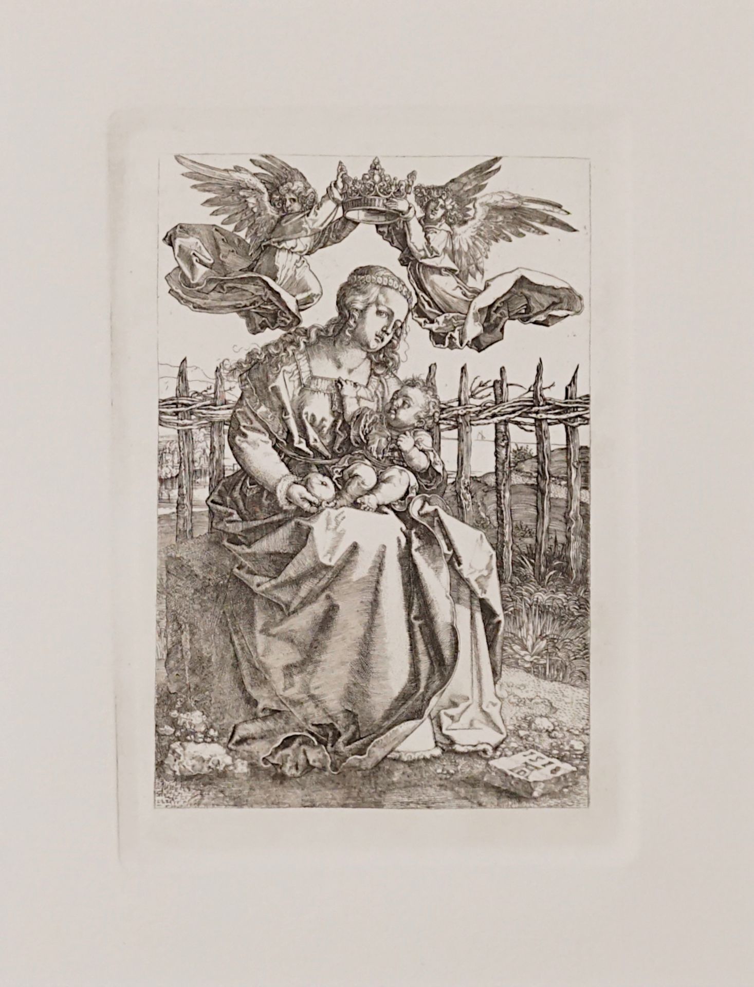 1 Kupferstich-Faksimile "Maria mit dem Kind von zwei Engeln bekrönt" R.u. monogrammiert AD
