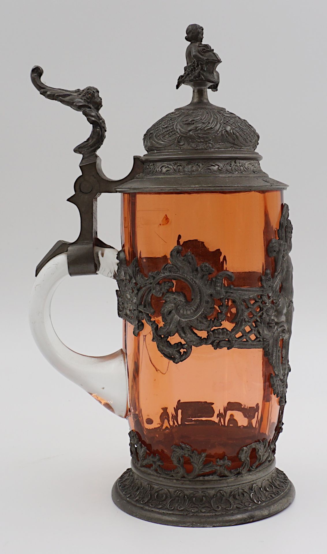 1 Bierkrug wohl um 1900 braunes Glas mit Zinnmontierung/-standfuß im Rokokostil - Bild 4 aus 6