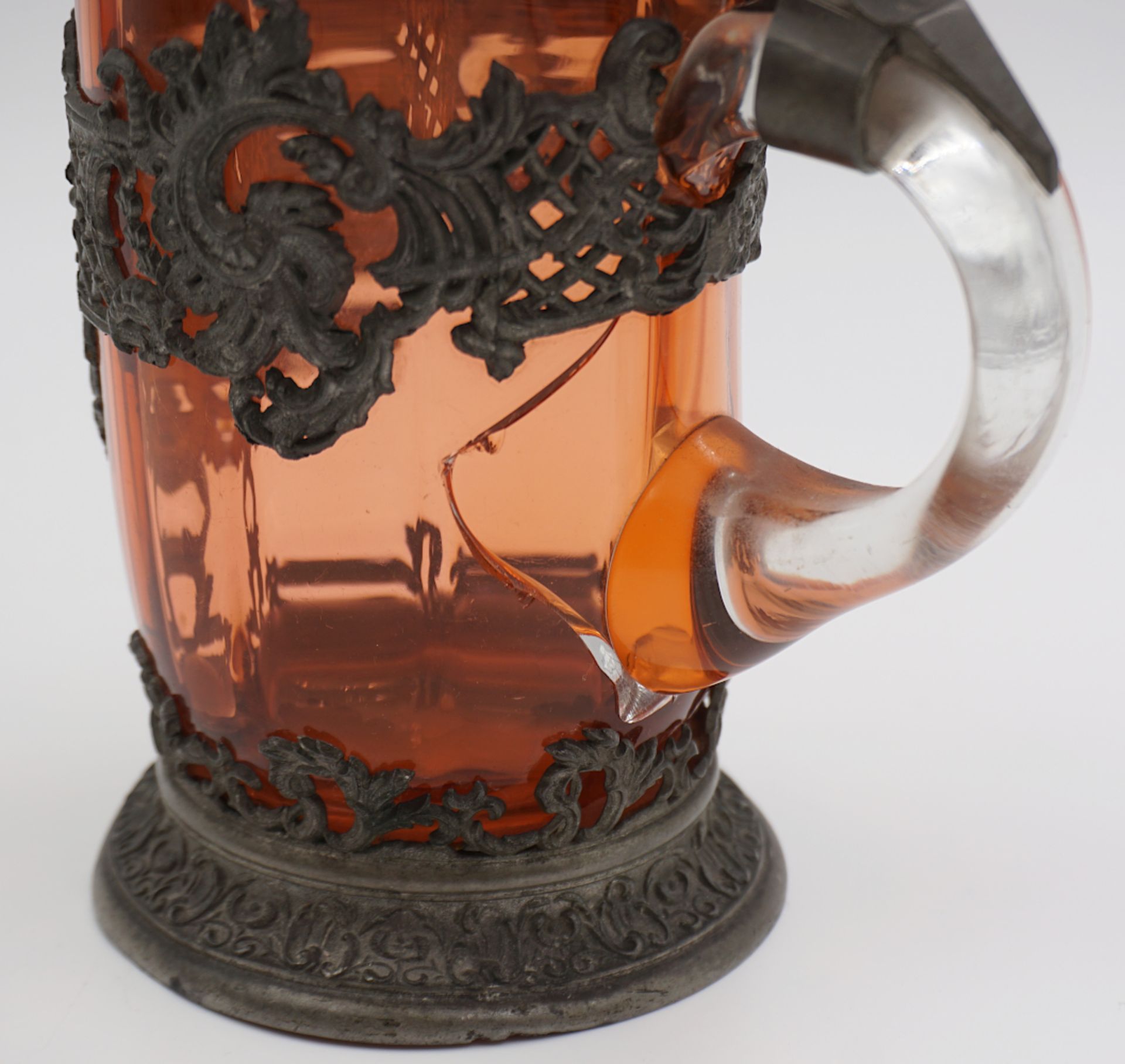 1 Bierkrug wohl um 1900 braunes Glas mit Zinnmontierung/-standfuß im Rokokostil - Bild 6 aus 6