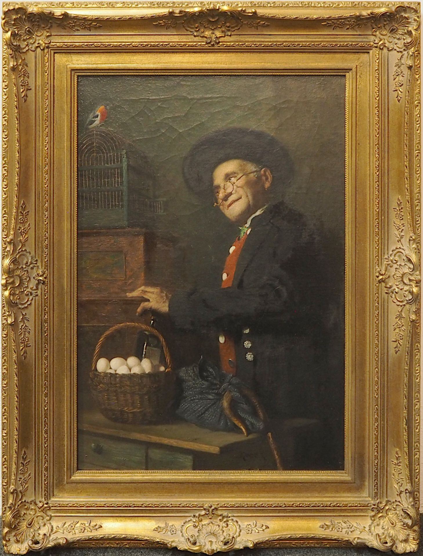 1 Ölgemälde "Handwerker mit Eiern und Rotkehlchen" Mitte unten sign. KANDLER - Image 2 of 4