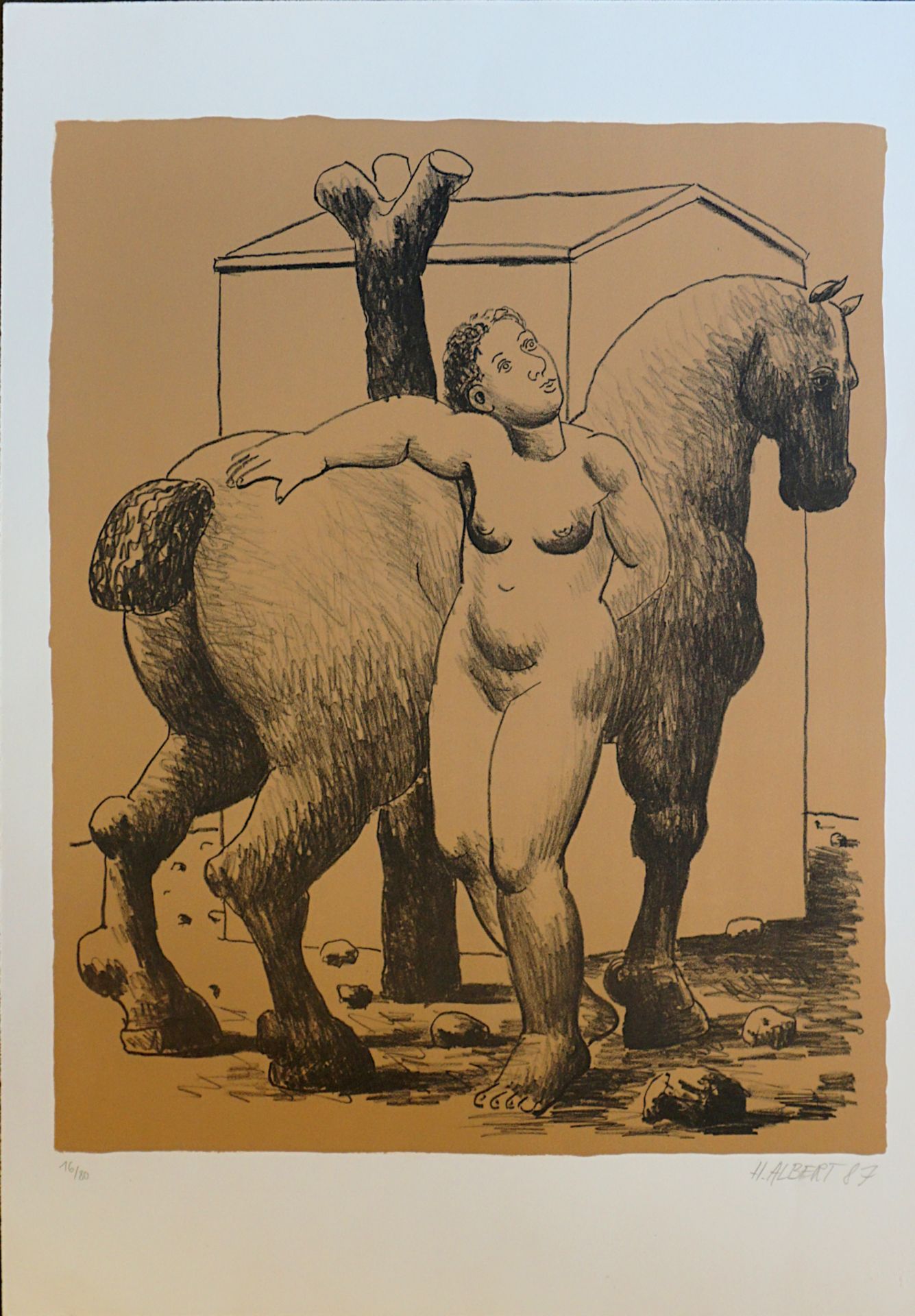 1 Farblithografie "Weiblicher Akt mit Pferd", R.u. bleistiftsign. H. ALBERT