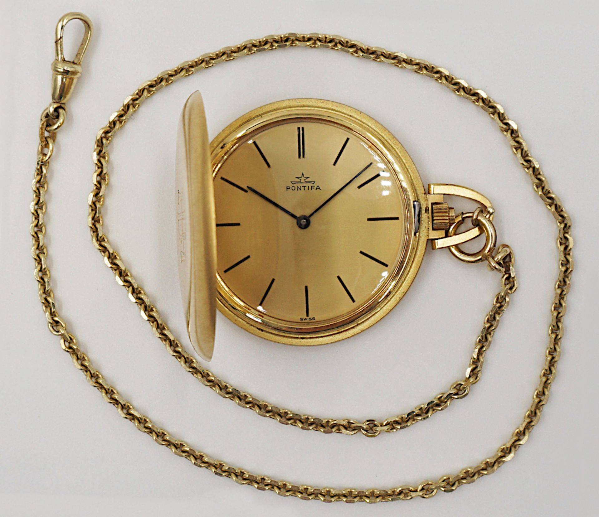 1 Taschenuhr GG 18ct. PONTIFA monogrammiert "HB" mit Uhrkette GG 8ct. Tsp.