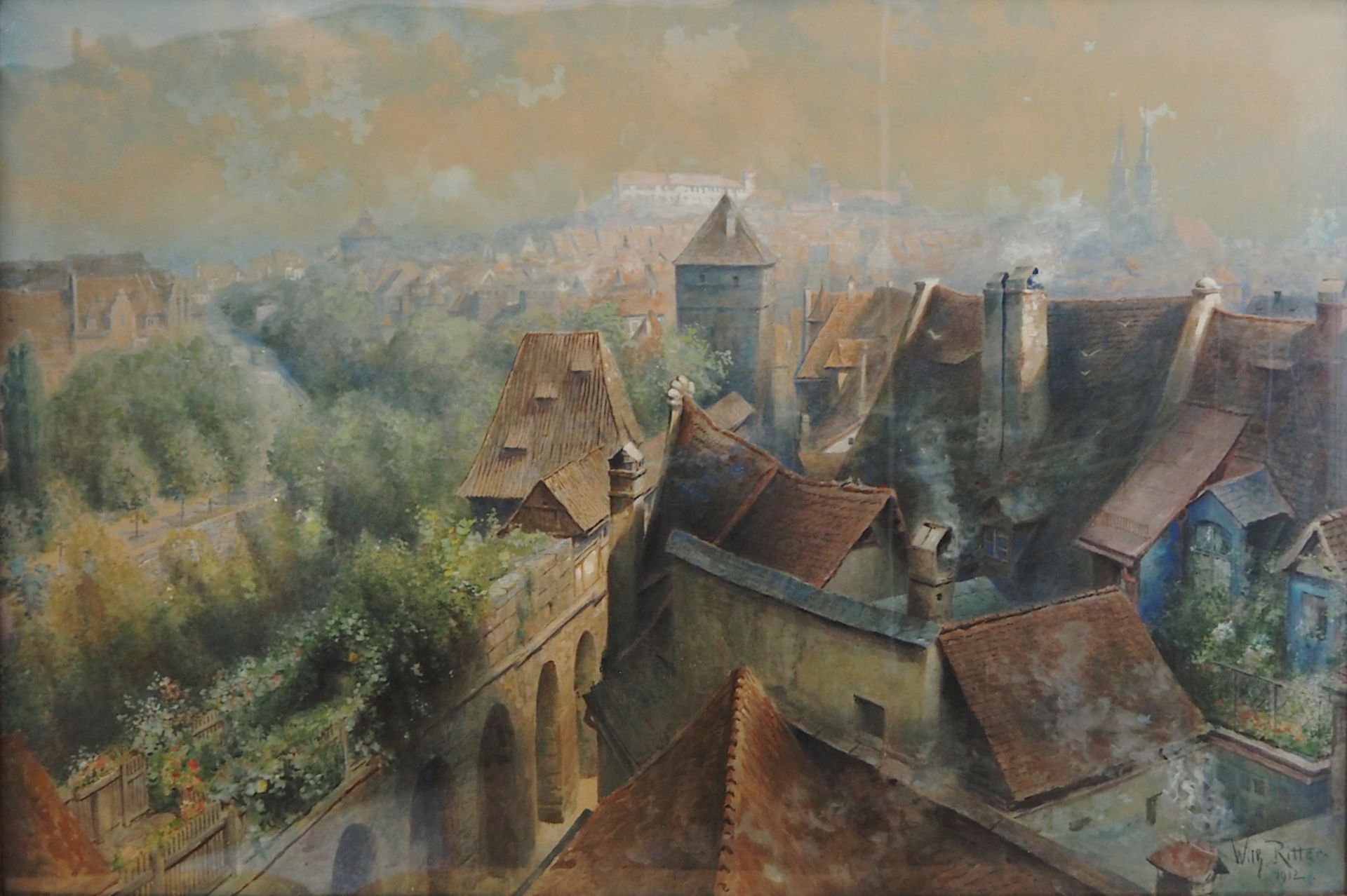 1 Aquarell "Spittlertorgraben mit Blick auf die Nürnberger Burg" R.u. sign. Wilh. RITTER