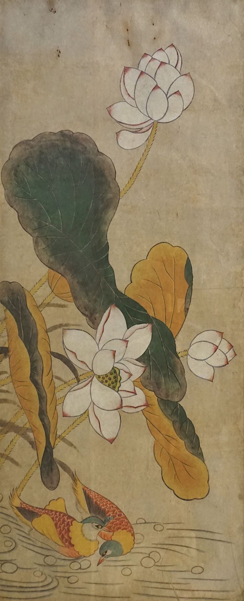 1 Wandbild wohl kolorierte Zeichnung Asien, wohl 20. Jh. "Lotusblumen mit Wasservögeln"