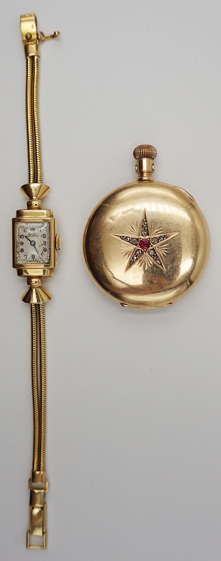 1 Taschenuhr AMERICAN WALTHAM WATCH GG 14ct. mit Stern verziert mit Diamantrosen/Rubin - Bild 2 aus 2