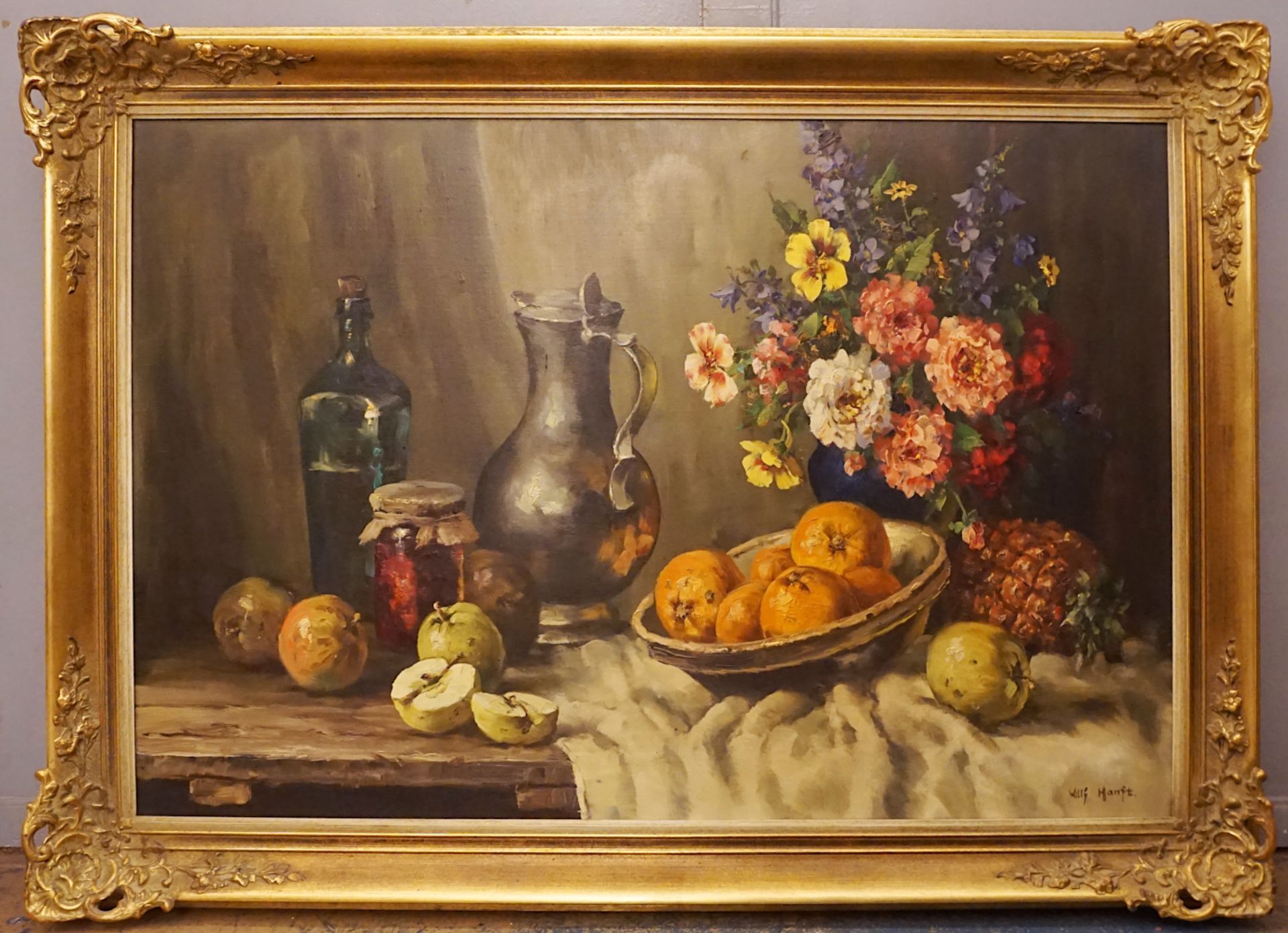 1 Ölgemälde "Stillleben mit Orangen, Ananas, Kompott und Blumen" R.u. sign. Willy HANFT - Image 2 of 4