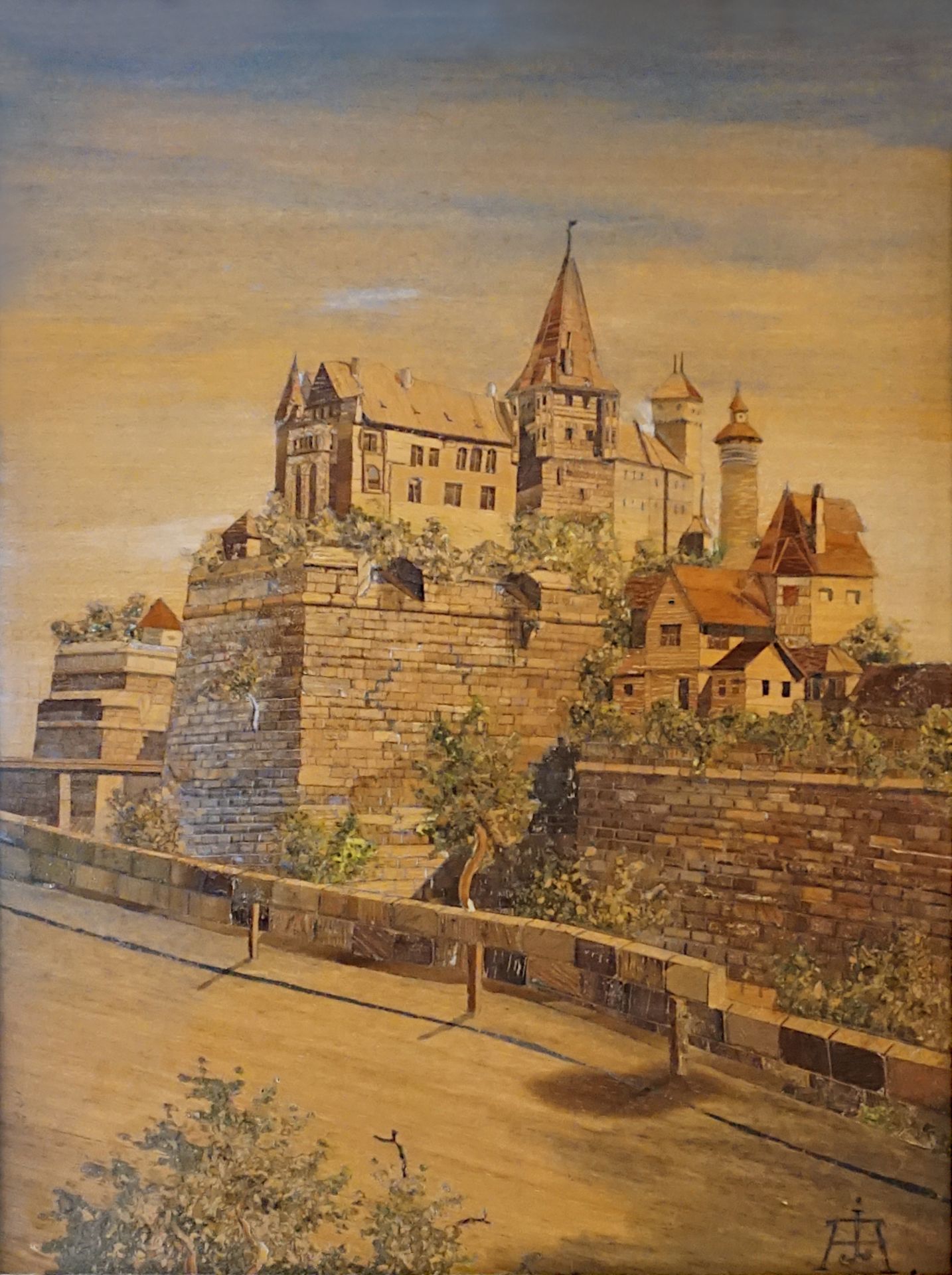 1 Intarsienbild/Mischtechnik "Ansicht der Nürnberger Burg", R.u. monogr. "JA", (wohl Johann ADELHARD