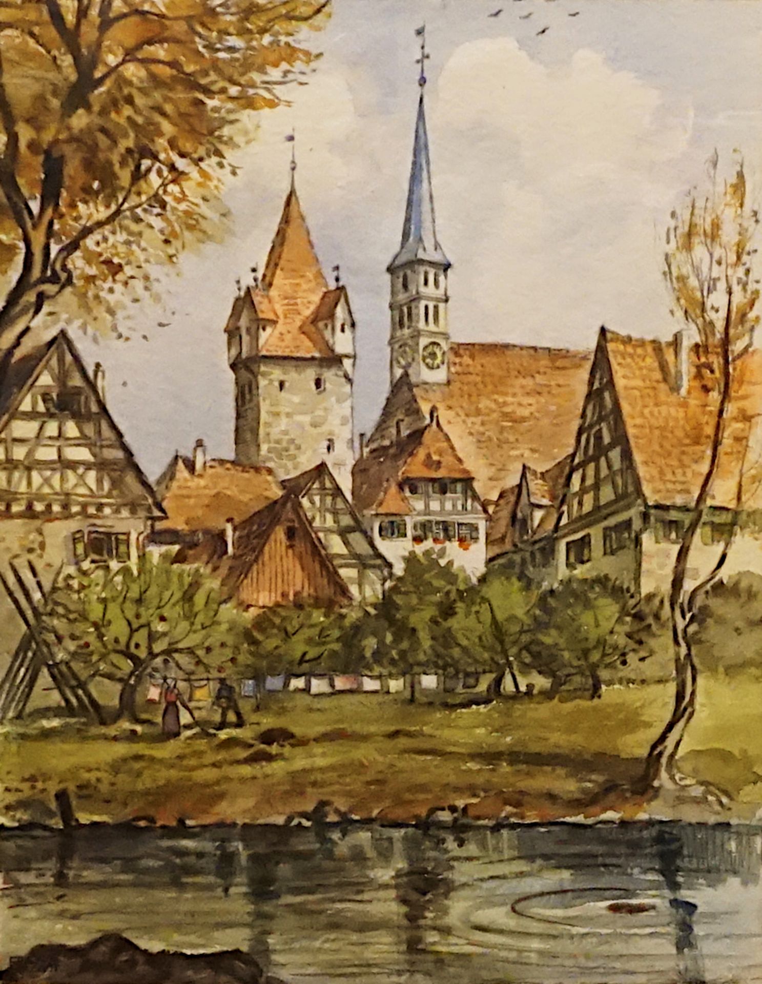 1 Aquarell "Romantischer Blick auf Herzogenaurach", R.u. bleistiftsign. Franz KRAUSS