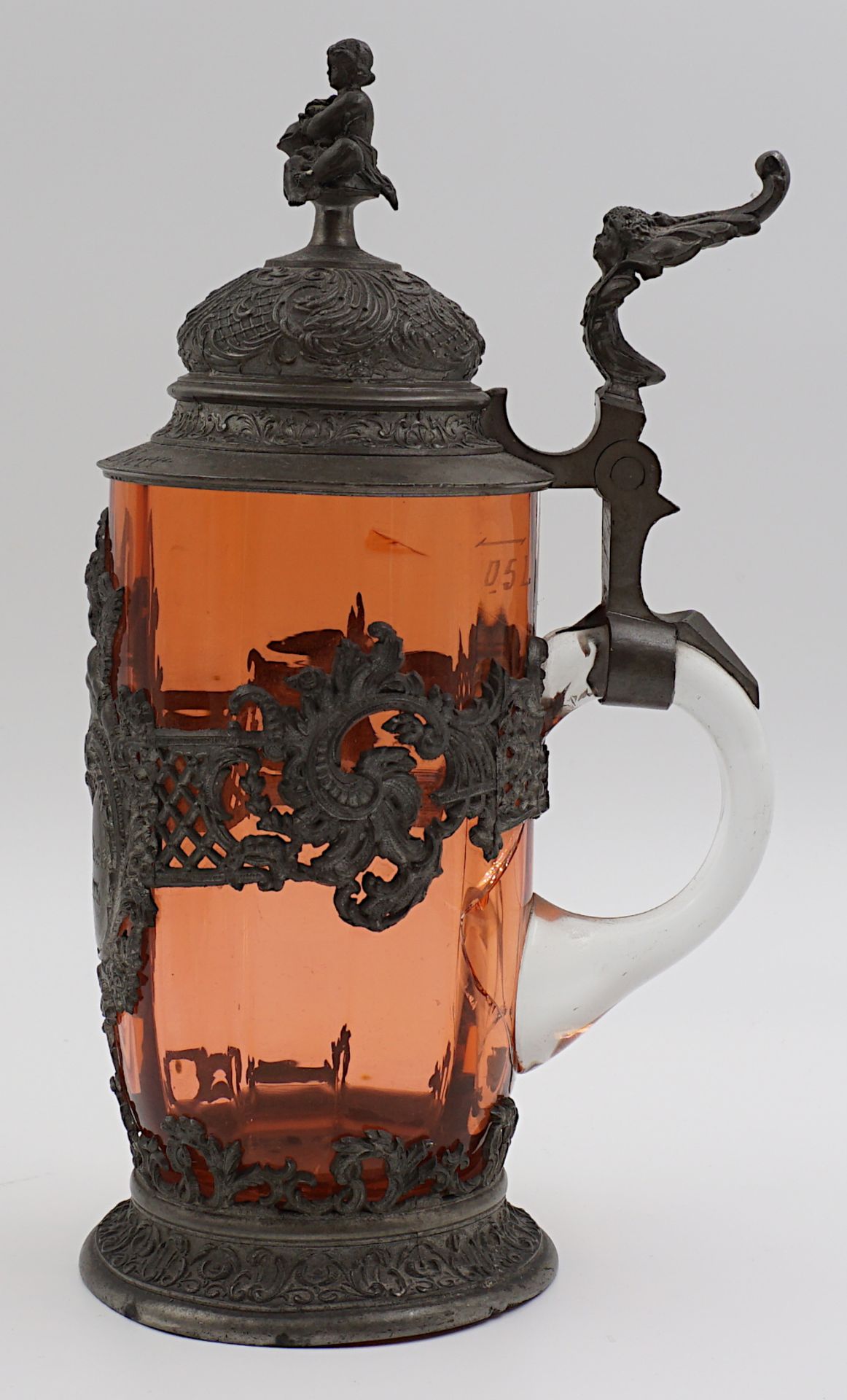 1 Bierkrug wohl um 1900 braunes Glas mit Zinnmontierung/-standfuß im Rokokostil - Bild 2 aus 6