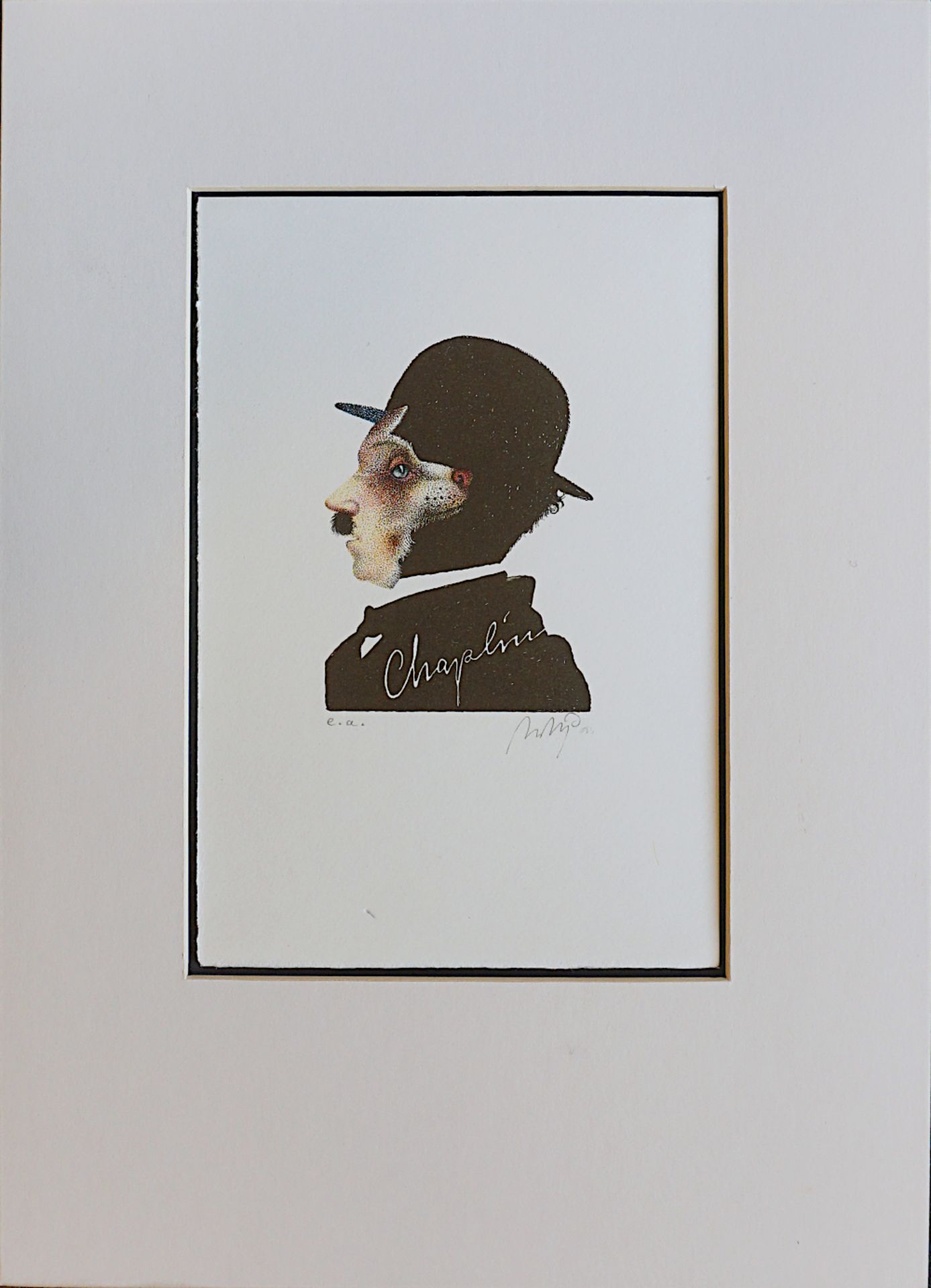 1 Farblithografie/ Schattenbild "Charlie Chaplin", R.u. bleistiftsign. PRECHTL