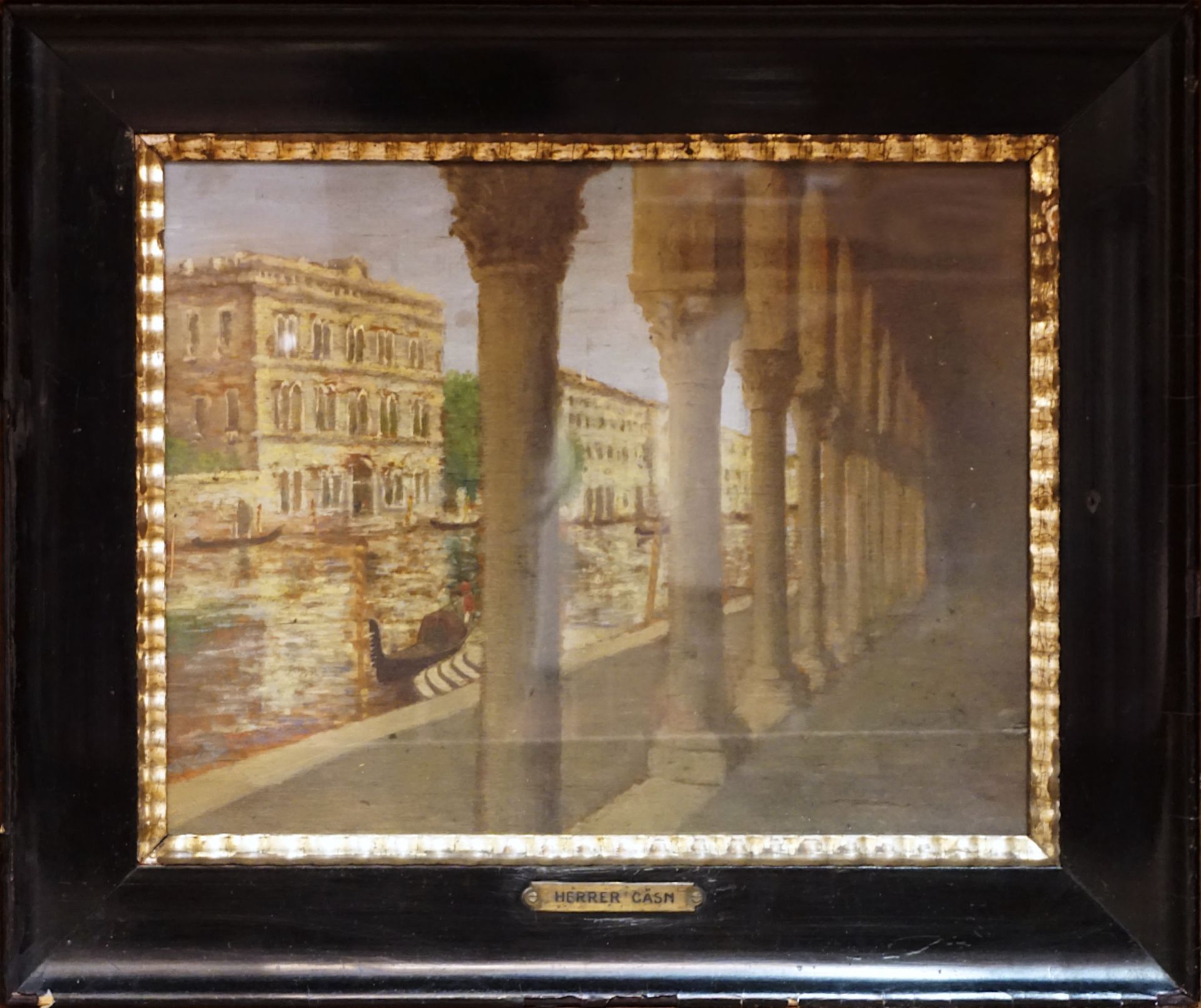1 Ölgemälde "Säulenarkaden mit Blick auf den Canale Grande in Venedig" unsign./auf Rahmen bez. HERRE - Image 2 of 4