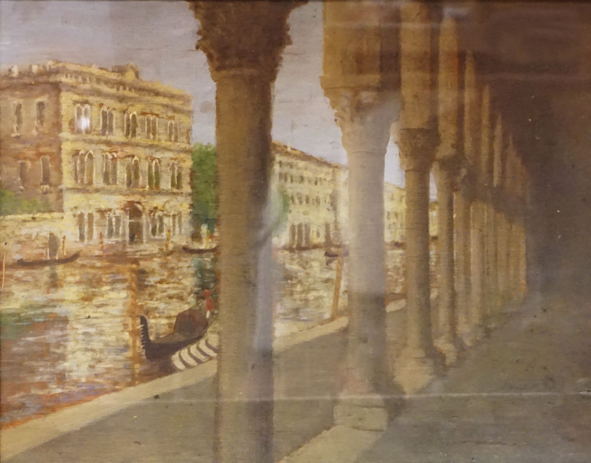1 Ölgemälde "Säulenarkaden mit Blick auf den Canale Grande in Venedig" unsign./auf Rahmen bez. HERRE