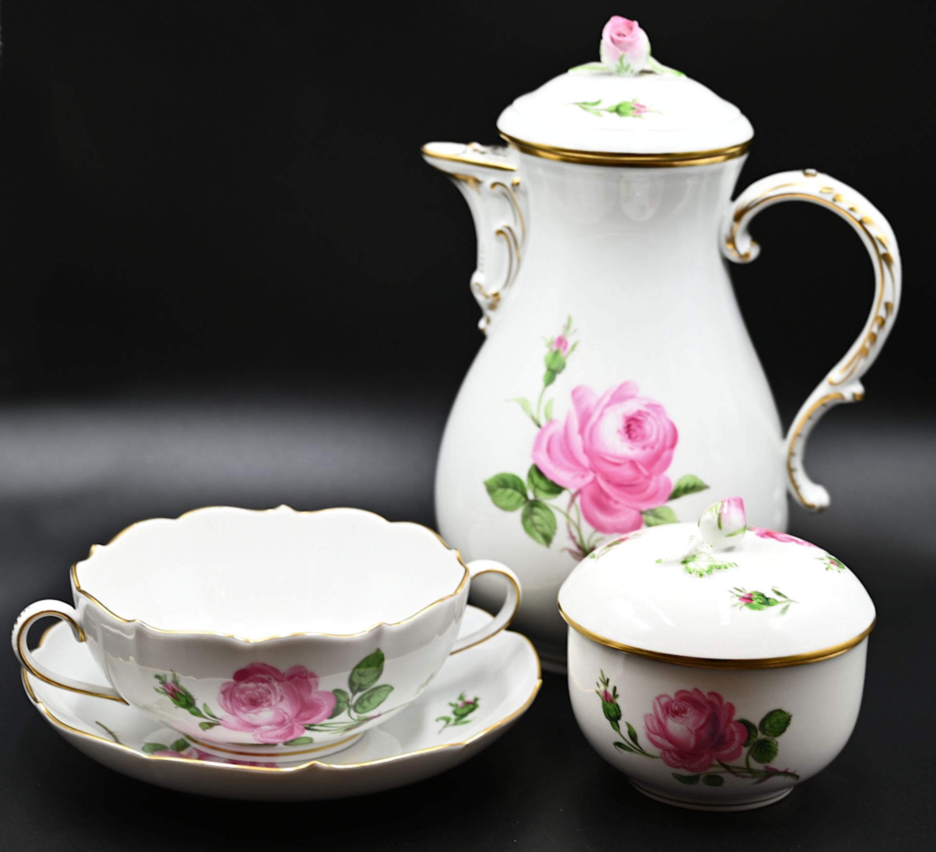 1 Kaffeeservice Porzellan MEISSEN 2x gestr., "Rosa Rose", für 6 Personen,