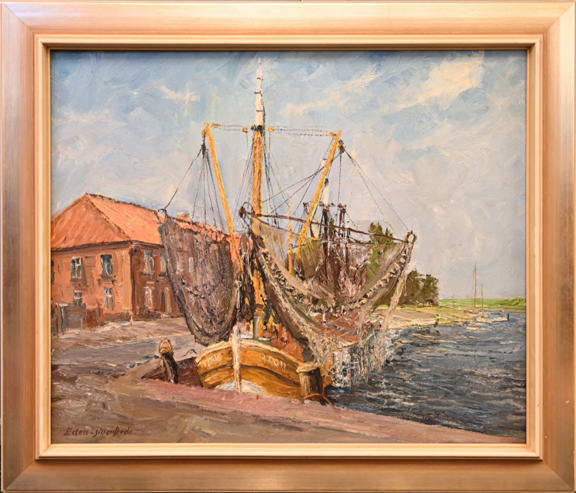 1 Ölgemälde L.u. sign. EDEN-SILLENSTEDE (wohl Arthur E.-S. 1899-1977),"Fischkutter im Hafen" - Image 2 of 4