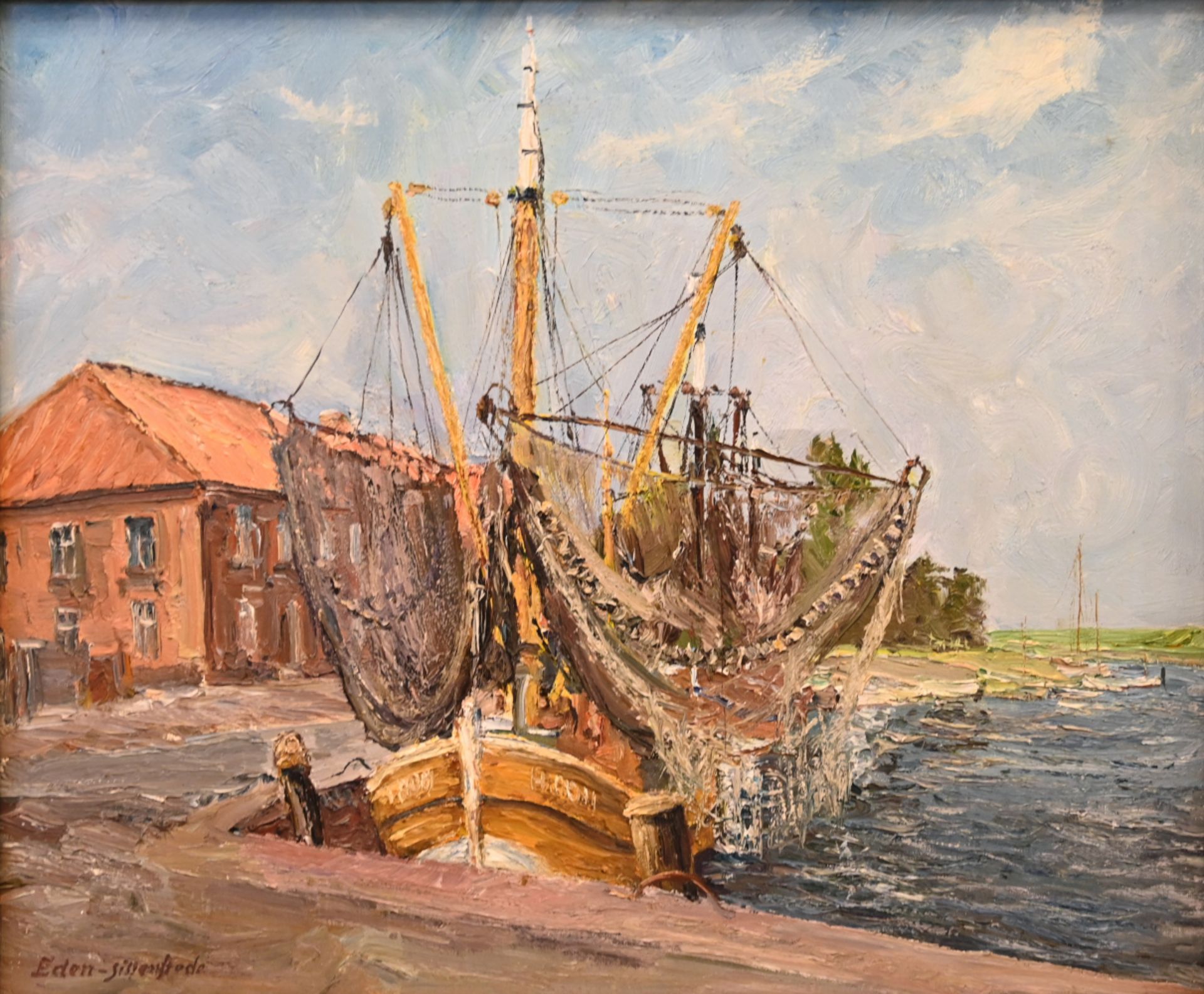 1 Ölgemälde L.u. sign. EDEN-SILLENSTEDE (wohl Arthur E.-S. 1899-1977),"Fischkutter im Hafen"