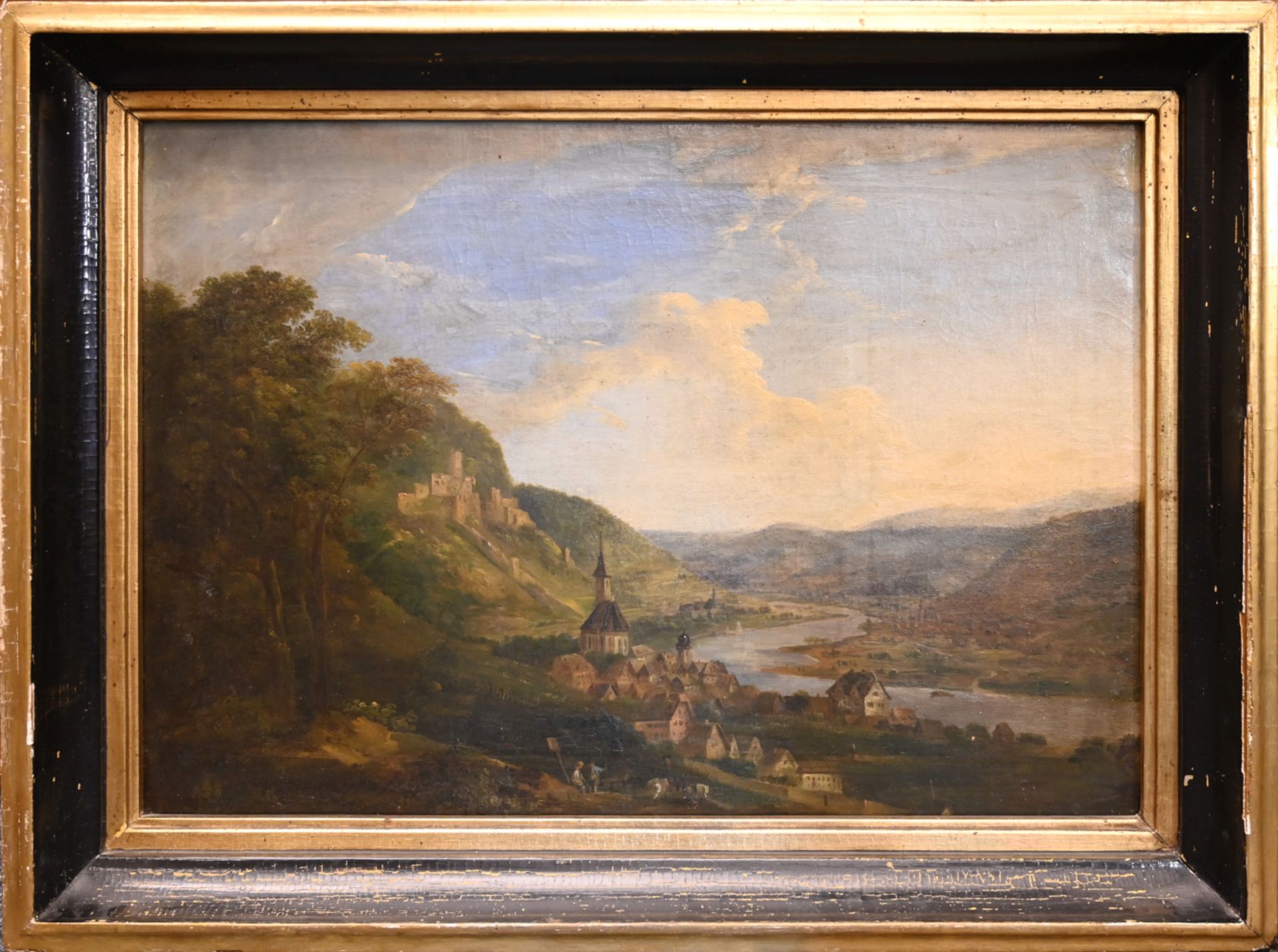 1 Ölgemälde unsign. 19.Jh., "Romantische Rheinlandschaft mit Schlösschen", - Bild 2 aus 3