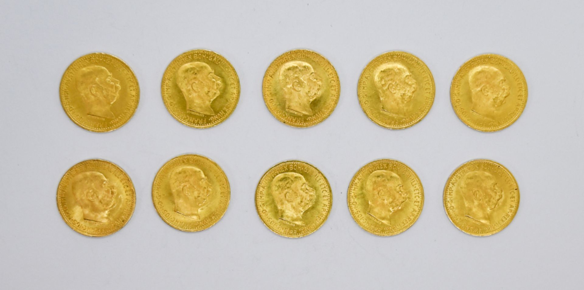 Zehn Goldmünzen, Österreich, à 10 Kronen