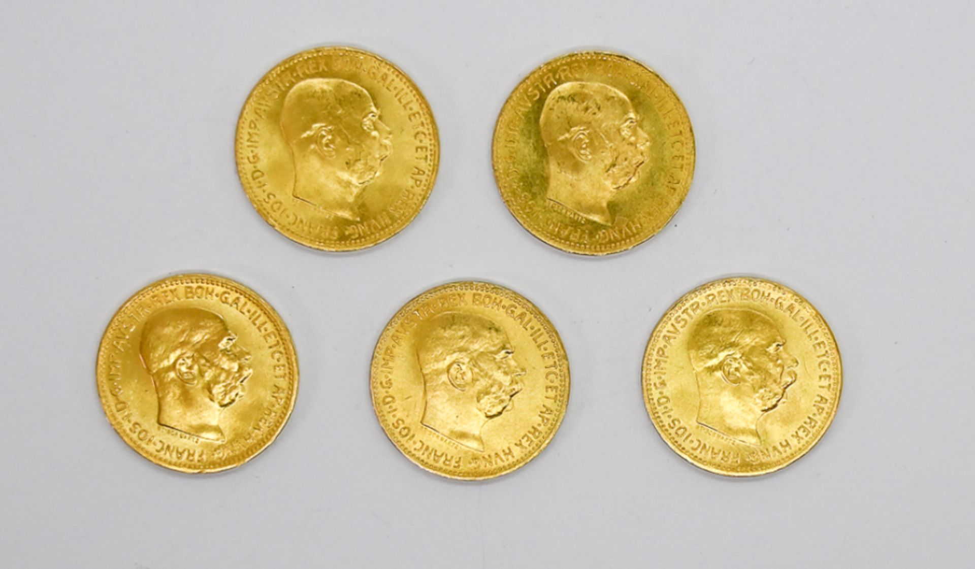 Fünf Goldmünzen, Österreich, à 20 Kronen