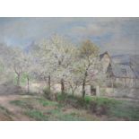 Hartung, Heinrich (1851 - 1919 Koblenz) "Frühlingslandschaft", mit blühenden Apfelbäumen, dahinter