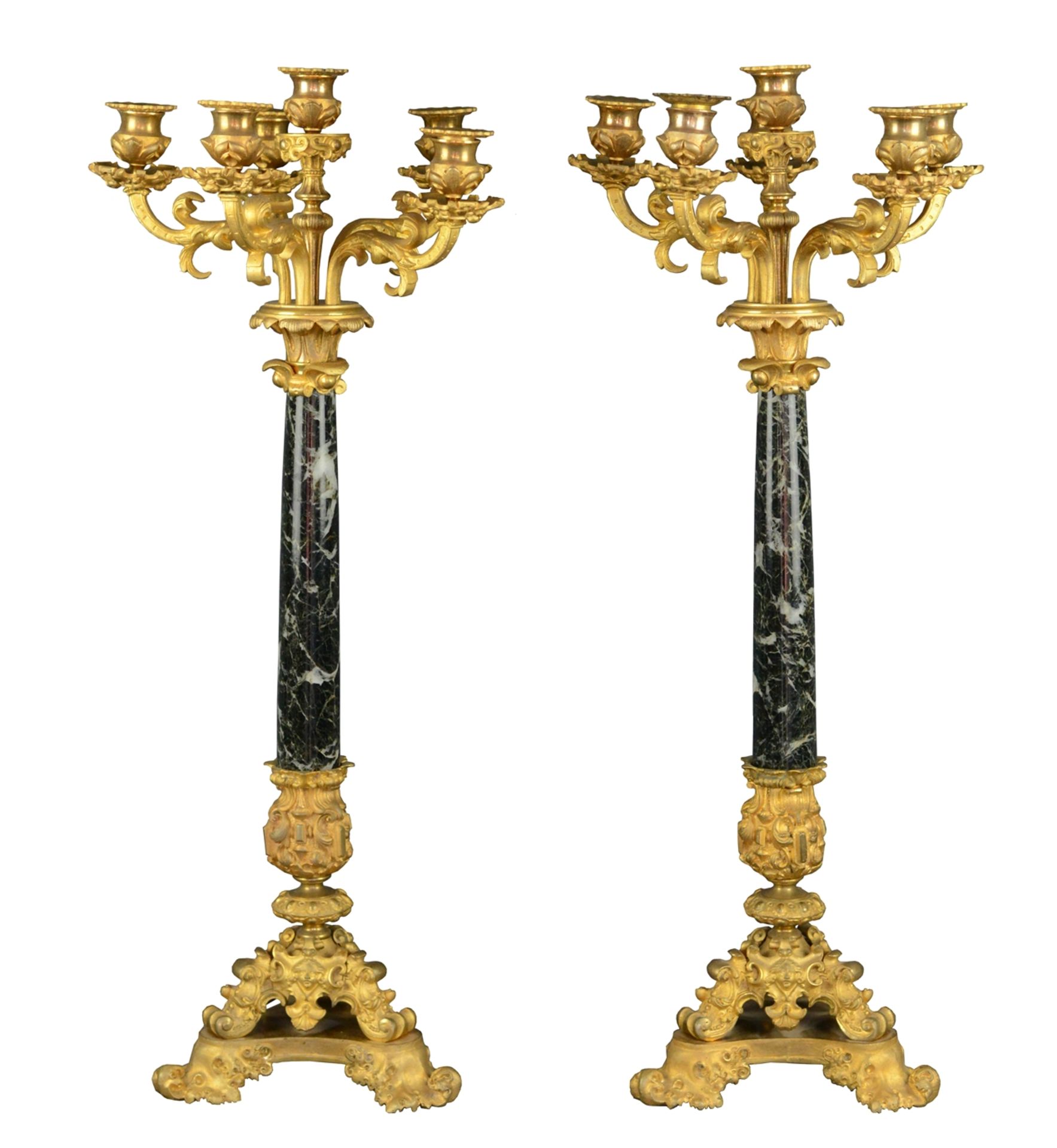 Paar große 6-flammige Leuchter/Girandolen, Napoleon III., feuervergoldete Bronze, Stand mit drei