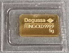5 g Degussa Goldbarren (geprägt) in Blister, 999,9/1000 Feingold5 g Degussa gold bar (minted) in