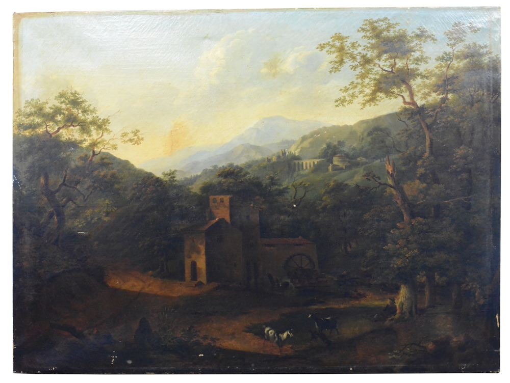 Landschaftsmaler (19. Jahrhundert) "Südliche idyllische Landschaft", im Vordergrund Ziegen, rechts - Image 2 of 8
