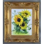 Porzellanbild, Sonnenblumen, Rosenthal, rechts unten und rückseitig signiert "(...)bur", in