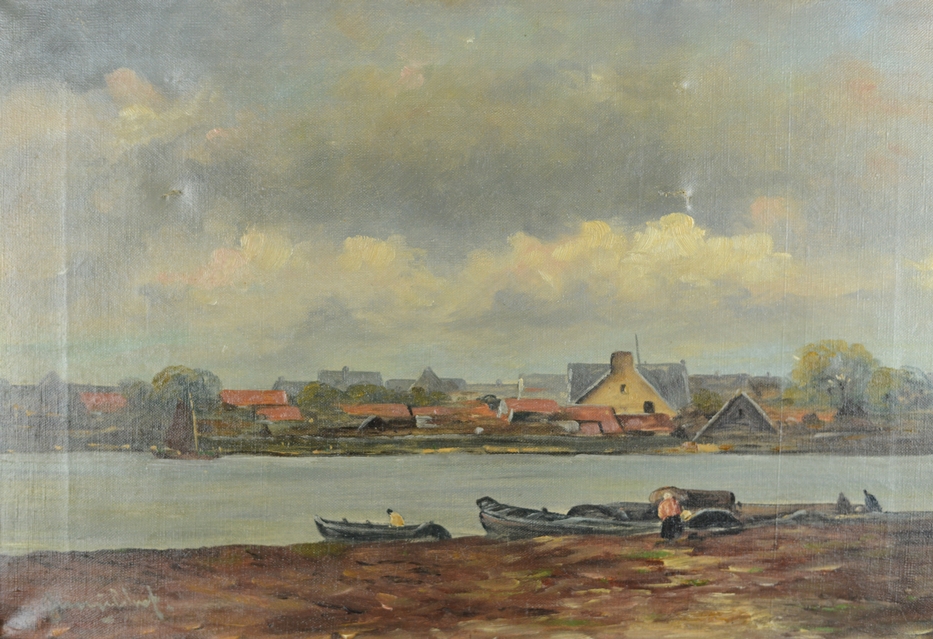 Jungblut, Hans (1. Hälfte 20. Jahrhundert) "Fischerboote" am Wasser, im Hintergrund Häuser, Öl auf