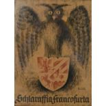 Schlaraffia Francofurta, Eule mit Wappen, Kn.286, Pastellkreide, hinter Glas gerahmt, 41x31cm (mit