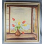 Berner, H. (20. Jahrhundert) „Bodenseeblick“, Blick aus dem geöffneten Fenster mit Tulpenvase, im