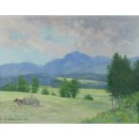 Schmidt-Wolfratshausen, Karl (1891 - 1971) "Landschaftsausblick" mit Bergen im Hintergrund, im