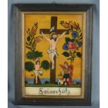 Hinterglasmalerei, Jesus am Kreuz, links daneben der heilige Sebastian, rechts daneben der heilige