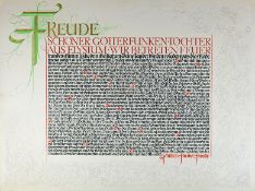 Zwei Kalligrafie-Arbeiten, eine auf Karton mit "An die Freude" von Friedrich Schiller, und eine