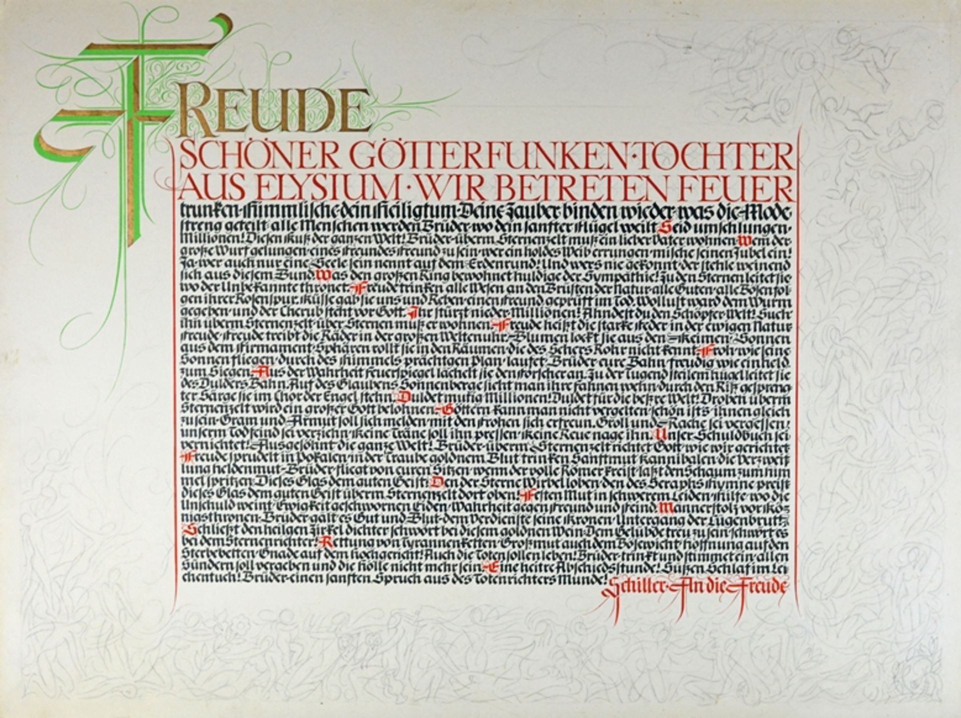 Zwei Kalligrafie-Arbeiten, eine auf Karton mit "An die Freude" von Friedrich Schiller, und eine