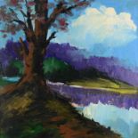Wohlrab, Hans (1905 Eger - 1978 Nabburg) "Baum mit Gewässer", mit violetten Farbakzenten, Öl auf