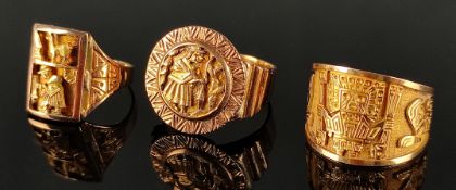 Drei Ringe mit peruanischen Motiven, einer 585/14K Gelbgold (getestet), 4,1g, Größe 54, zwei weitere