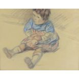Künstler des 20. Jahrhunderts "Kinderzeichnung", kleines Kind sitzend, Bleistiftzeichnung mit