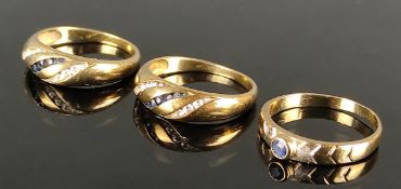 Ring-Lot, 3 Teile, zwei identisch mit kleinen Saphiren und Brillanten Größe 56, einer mit kleinem