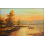Künstler des 20. Jahrhunderts, "Fischer" auf Gewässer in lieblicher Landschaft, Sonnenaufgang, Öl