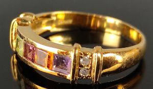 Ring, mit 5 farbigen Schmucksteinen im Treppenschliff, daneben je zwei Brillanten, 750/18K Gelbgold,