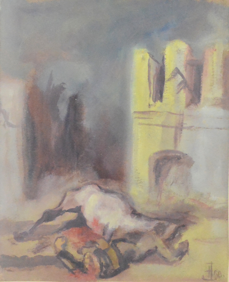 Monogrammist (20. Jahrhundert) "Gefallener", Person auf Boden liegend neben seinem Pferd, im