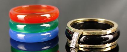 Wechselring, mittig drei Brillanten, Vintage, Ringe zum Wechseln in schwarz/grün/rot und blau, 3,3g,