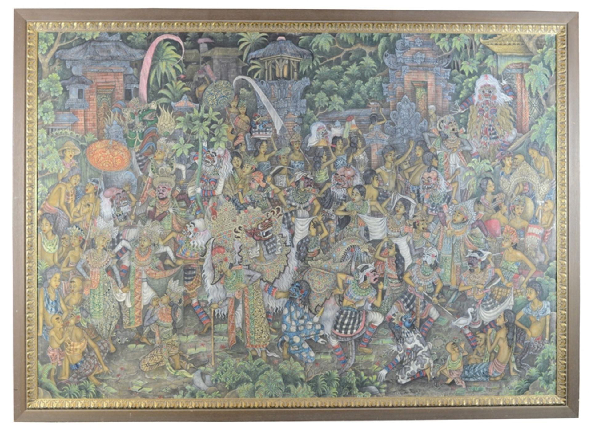 Balinesische Malerei (20. Jh.) "Ngrupuk Parade" mit Ogoh-ogohs und feiernden Personen, traditionelle
