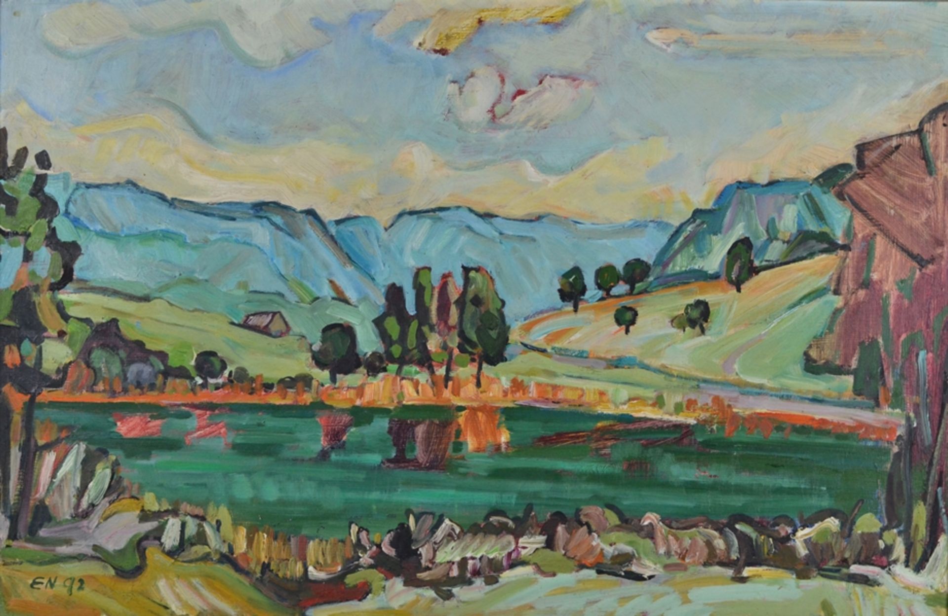 Monogrammist (20. Jahrhundert) "Landschaftsausblick", mit Bergen und See, polychrome pastöse