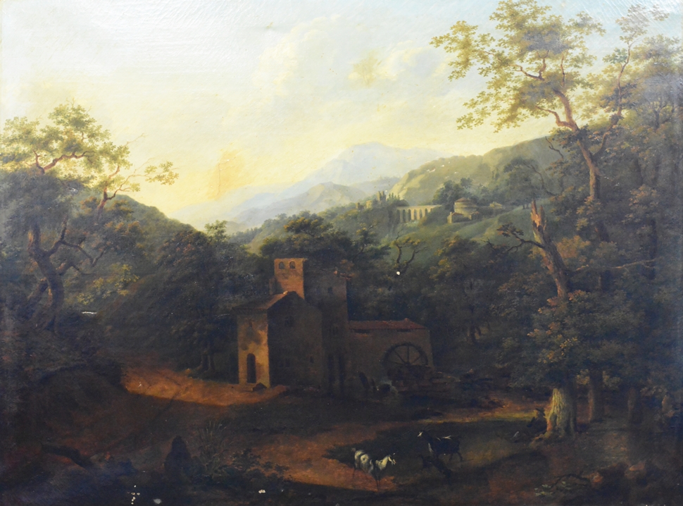 Landschaftsmaler (19. Jahrhundert) "Südliche idyllische Landschaft", im Vordergrund Ziegen, rechts