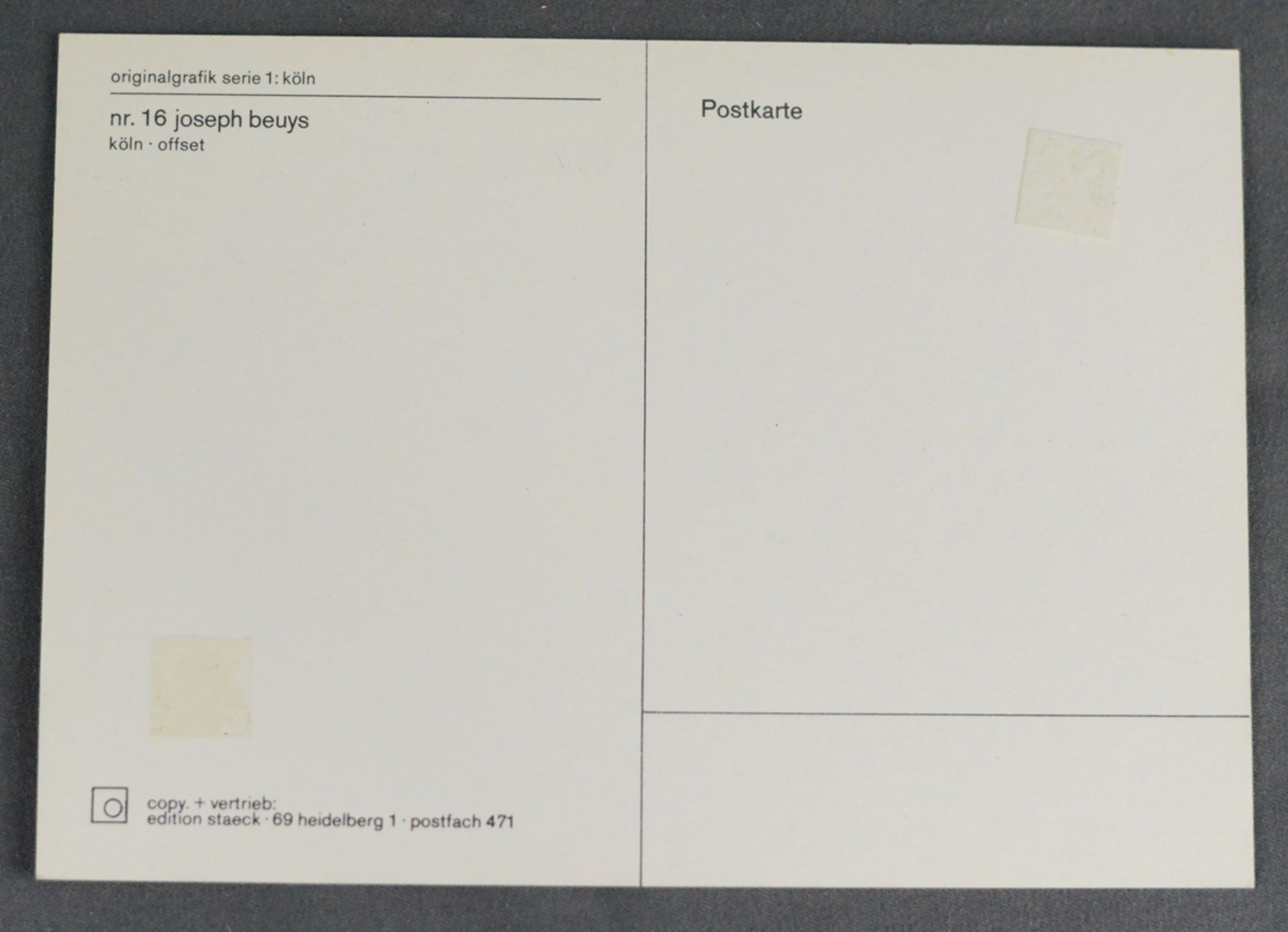 Kunst-Postkarte mit eigenhändiger Unterschrift, zeigt das Kunstwerk `Köln - Offset` von Joseph - Image 2 of 2