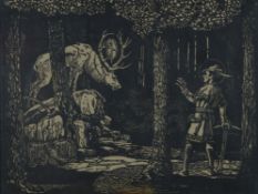 Hubertus-Legende (20. Jahrhundert), Jäger und Hirsch mit Kruzifix, Holzschnitt, 48x58cm (mit