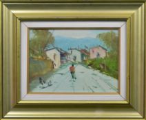 Künstler des 20. Jahrhunderts, "Straßenansicht" mit Person, im Hintergrund Häuser und Berge, Öl
