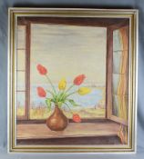 Berner, H. (20. Jahrhundert) „Bodenseeblick“, Blick aus dem geöffneten Fenster mit Tulpenvase, im